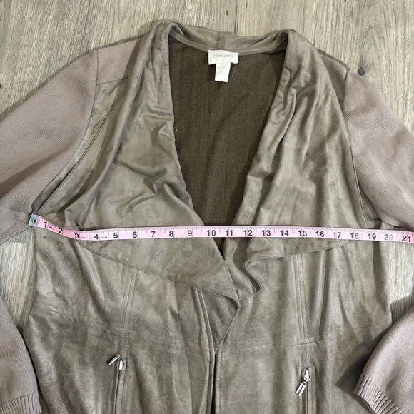 Chicos Faux Suede Open Front Waterfall Cardigan Jacket Women’s Sz 1 Brown Beige - Picture 5 of 12